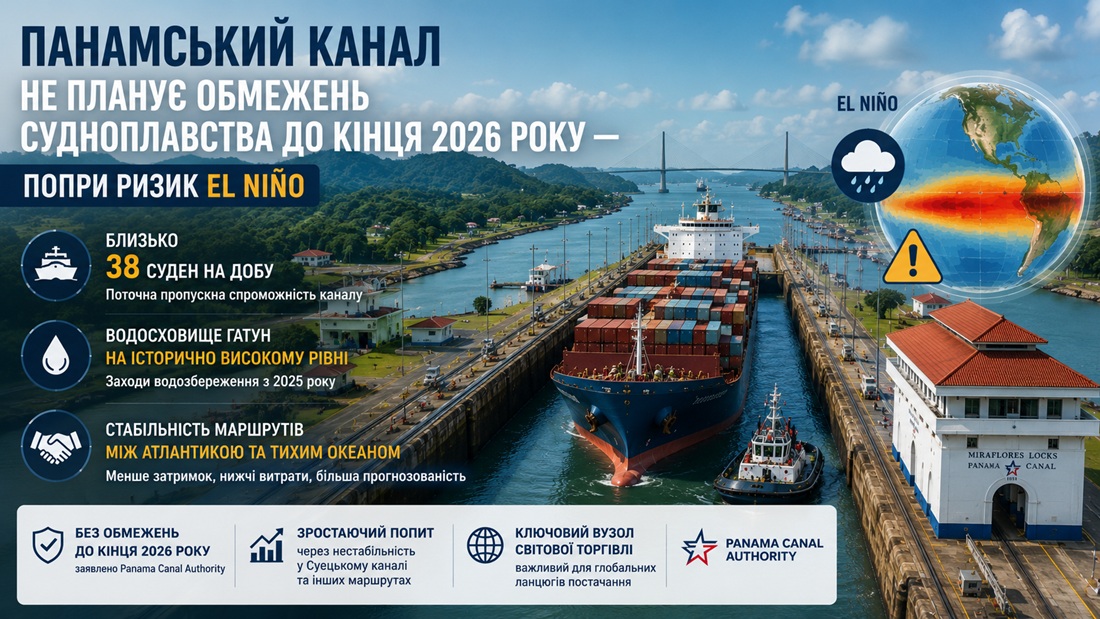 Панамський канал не планує обмежень судноплавства до кінця 2026 року — попри ризик El Niño