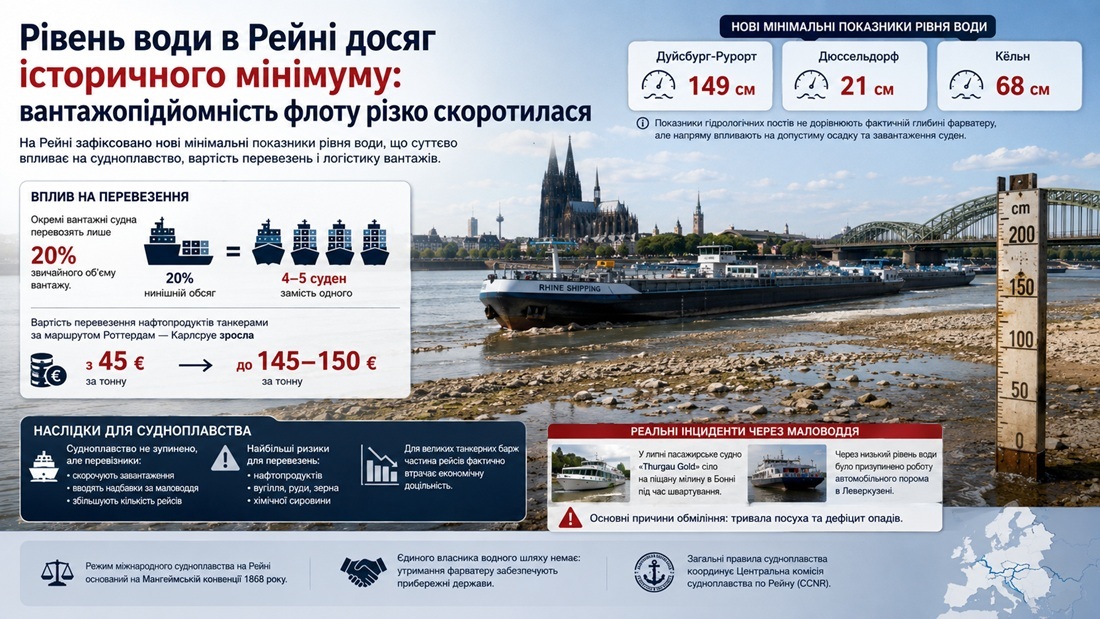 Рівень води в Рейні досяг історичного мінімуму: вантажопідйомність флоту різко скоротилася